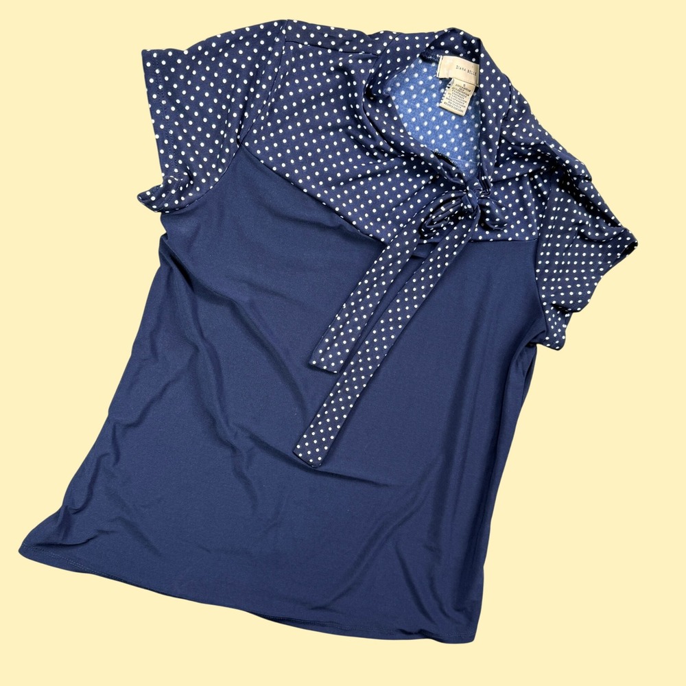 Diana Belle Top Women S Navy Polka Dot Bow Neck Short Sleeve Casual Work Blouse